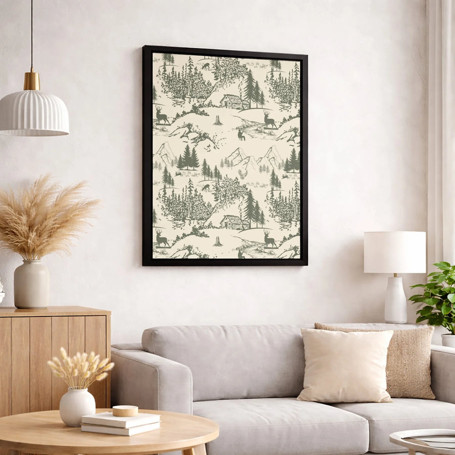 Rustic Forest Toile Canvas Wall Art | Deer And Cabin Mountain Landscape | 1.25 Inch Premium Gallery Wrap | Nature Inspired Gift For Cabin Decor