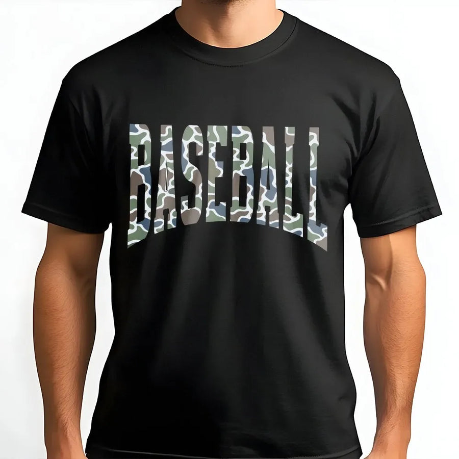 Camo Baseball Mama T-Shirt | Distressed Camouflage Print Design | Soft 100% Cotton Premium Tee | Comfortable Sports Mom Gift