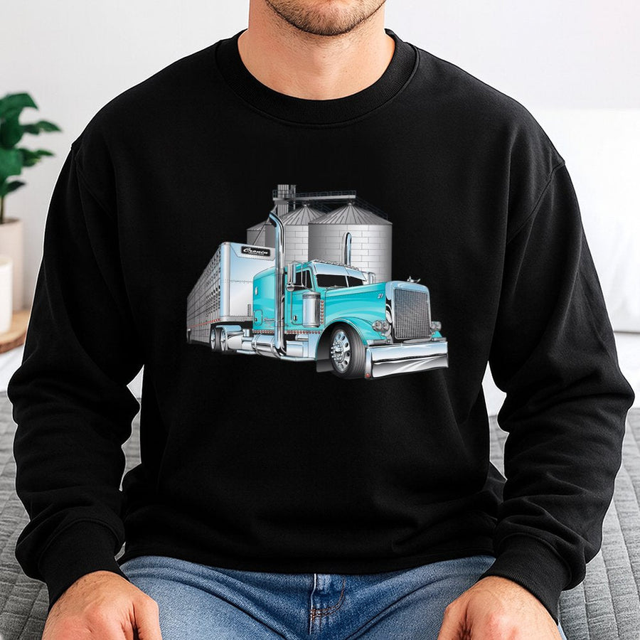 Semi Truck Sweatshirt | Blue Livestock Trailer Graphic | Premium Cotton Blend Crewneck | Gift for Trucker Driver Farmer
