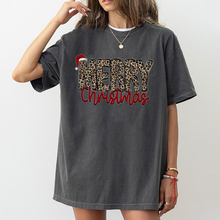 Leopard Print Merry Christmas T-Shirt | Santa Hat Holiday Graphic Tee | Premium 100% Cotton | Festive Gift for Women & Men