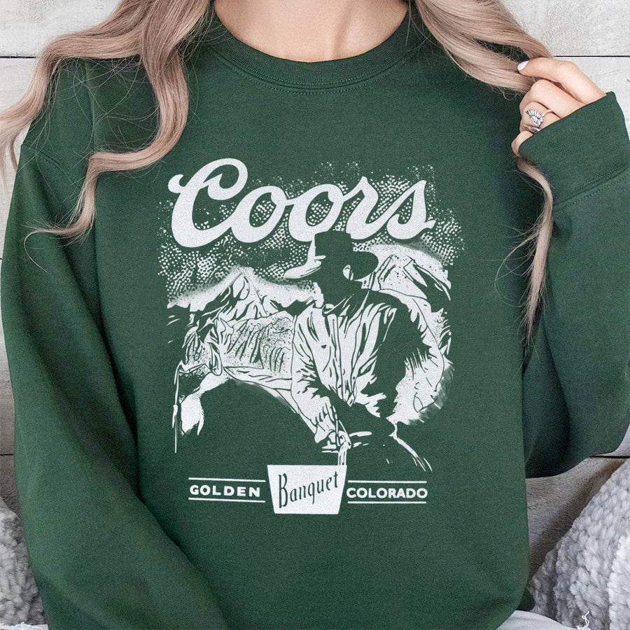 Cowboy Coors Sweatshirt Western Cowboy Design With Mountain Graphic, Retro Country Style Beer Inspired Sweatshirt