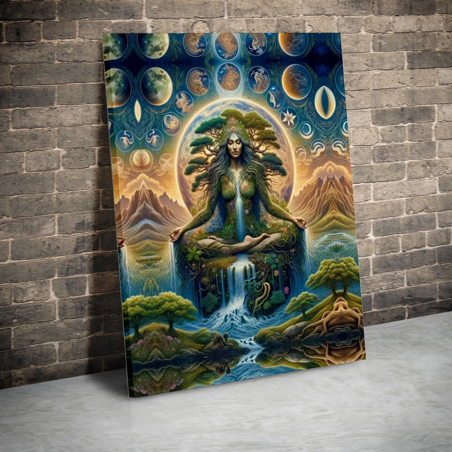 Mother Earth Canvas Wall Art | Cosmic Nature Goddess with Moon Phases | Premium Thick Gallery Wrap Canvas | Spiritual Gift for Yoga Studio & Zen Decor