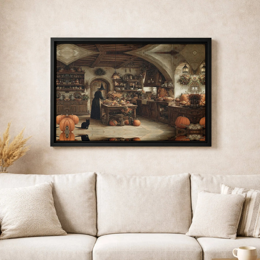 Witch Kitchen Wall Art | Autumn Pumpkin and Black Cat Decor | Gallery-Wrapped Canvas Print | Spooky Fall Home Gift for Halloween Enthusiasts
