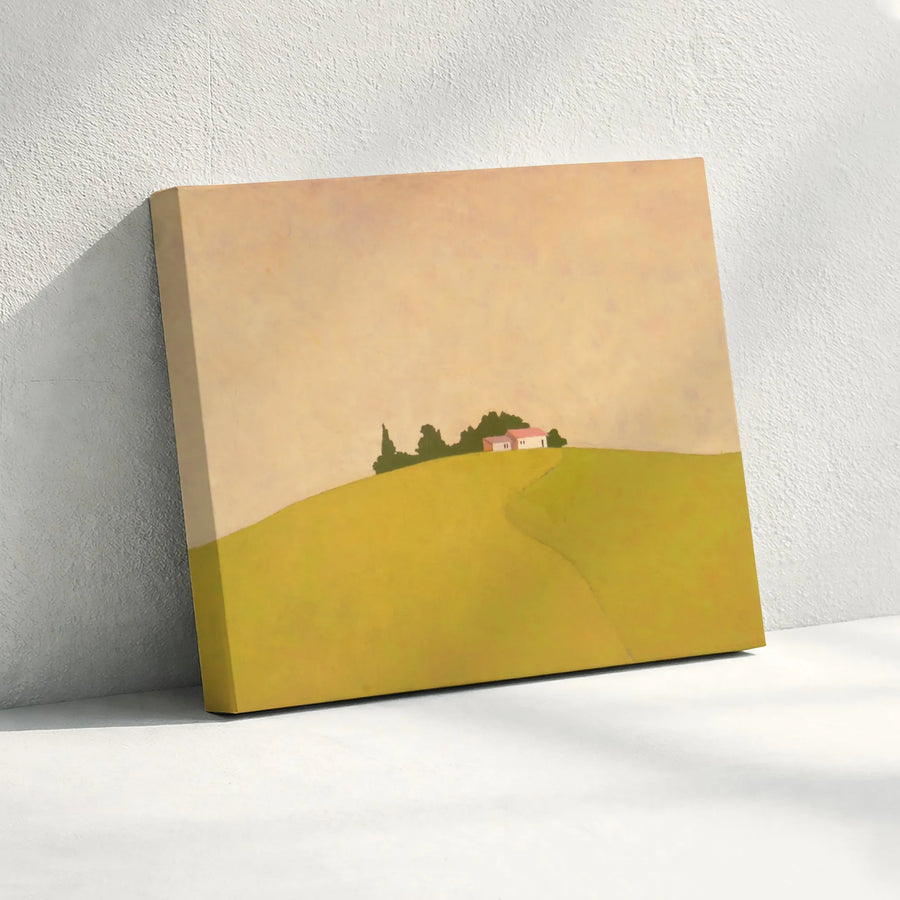 Minimalist Landscape Canvas Art | Abstract Farmhouse on Rolling Hills | Premium Canvas Print | Modern Minimalist Home Decor Gift