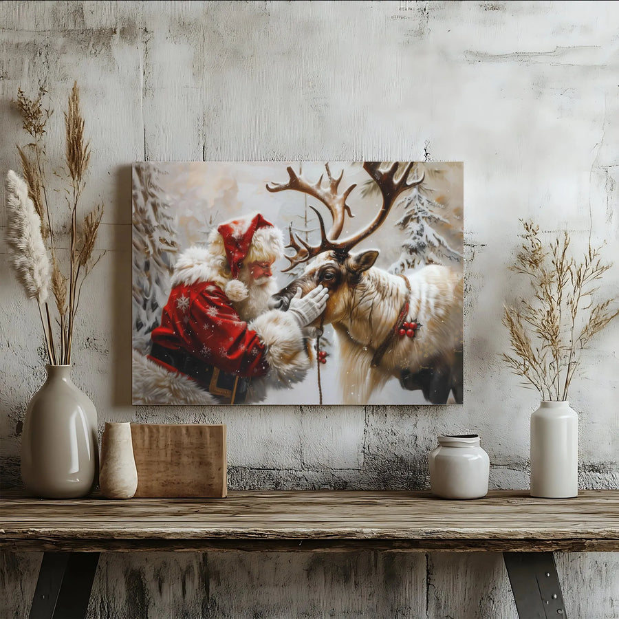 Santa Claus Reindeer Canvas Wall Art | Cozy Winter Snowy Forest Scene | Gallery Wrapped Premium Print | Festive Holiday Home Decor Gift