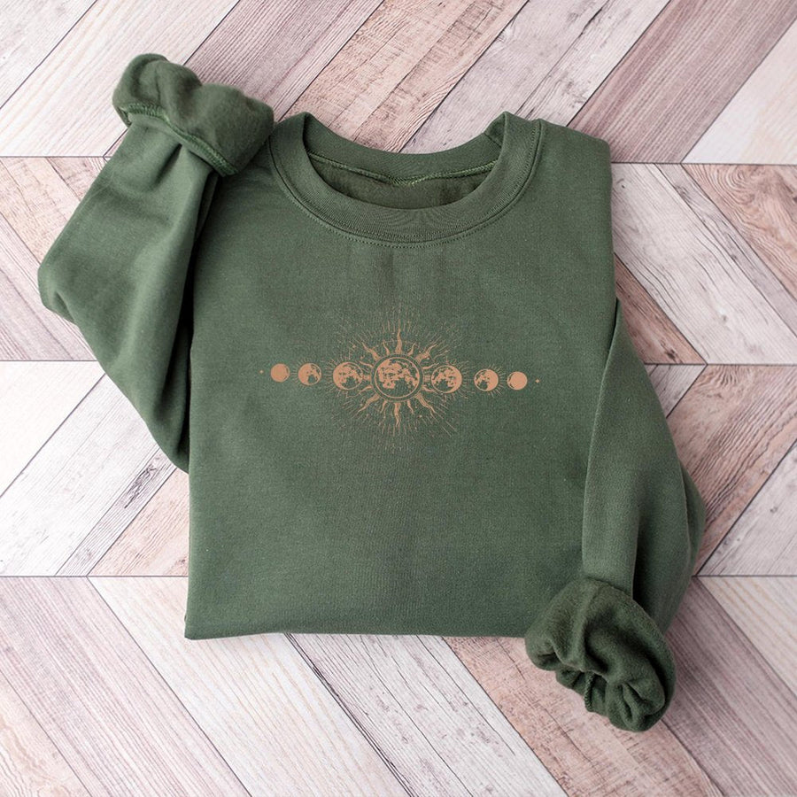 Mystical Moon Phase Sweatshirt | Celestial Sun and Star Graphic | Soft Cotton Blend Crewneck | Boho Witchy Aesthetic Gift for Her