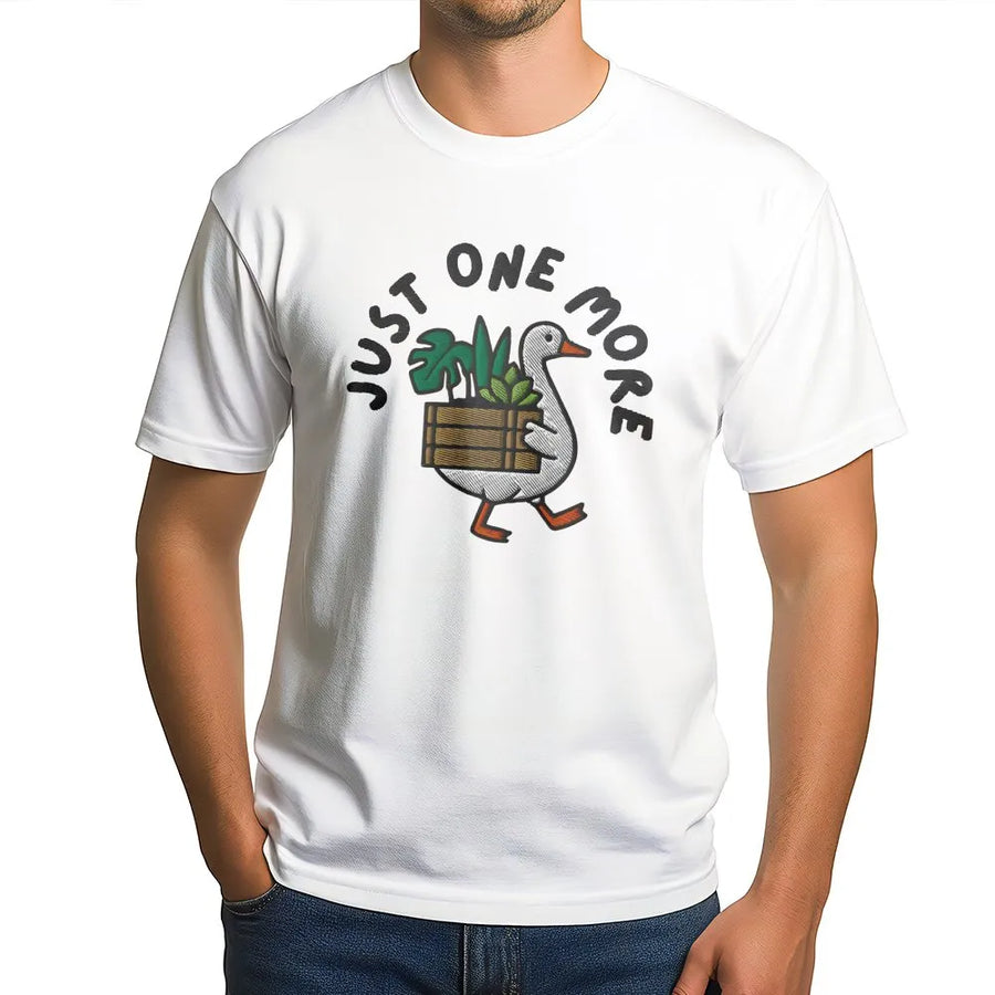 Funny Plant Lover Goose T-Shirt | Botanical 'Just One More' Graphic Print | Soft Cotton Blend Pullover | Unique Gardener Gift for Plant Moms