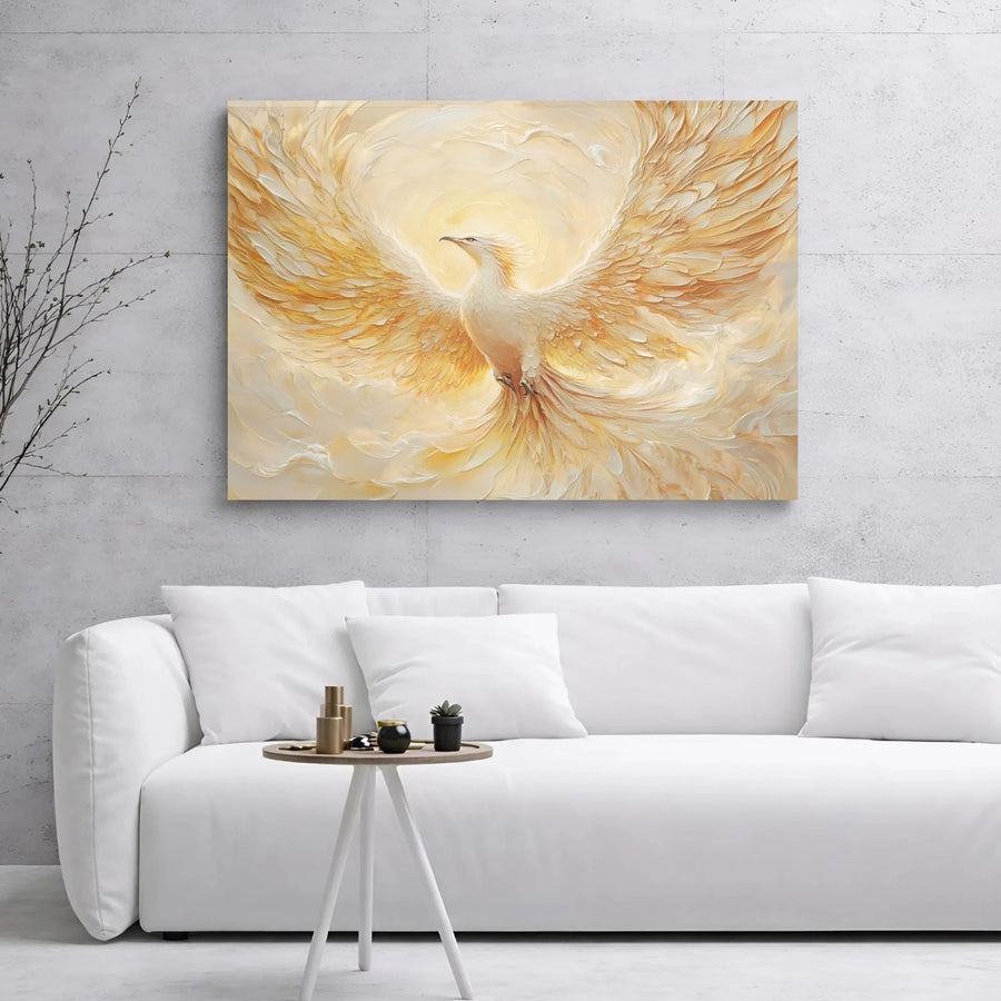 Rising Phoenix Canvas Wall Art | Golden Impasto Texture Print | Premium Gallery Wrapped Decor | Mythical Bird Spiritual Home Gift