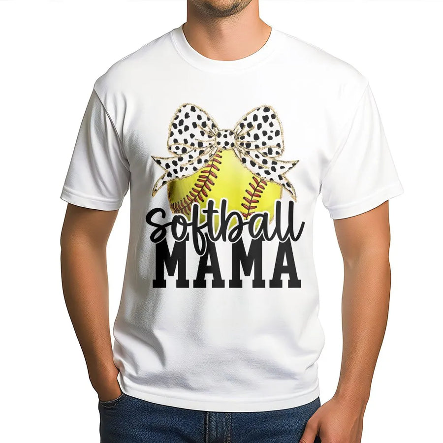 Softball Mama T-Shirt | Retro Coquette Bow Graphic | 100% Cotton Premium Tee | Gift for Softball Mom Game Day Apparel