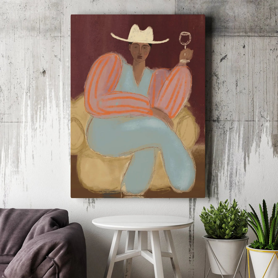 Abstract Woman with Wine Canvas Wall Art | Modern Bohemian Portrait Print | Premium Fade-Resistant Gallery Decor | Unique Gift for Living Room & Bar Area