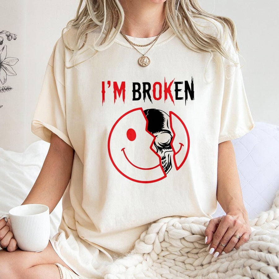 I'm Broken Skull Smiley Face T-Shirt | Edgy Grunge Aesthetic Graphic Tee | 100% Cotton Premium Quality | Unisex Dark Fashion Gift for Goth Enthusiasts