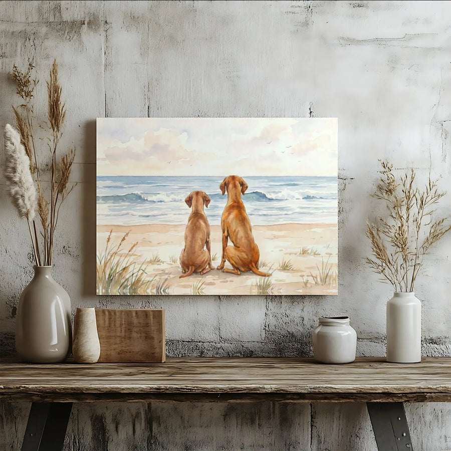 Watercolor Dogs on Beach Horizontal Canvas | Coastal Golden Retriever Vizsla Ocean Wall Art | 1.25" Gallery Wrap Matte Print | Serene Seaside Decor Gift for Dog Lovers