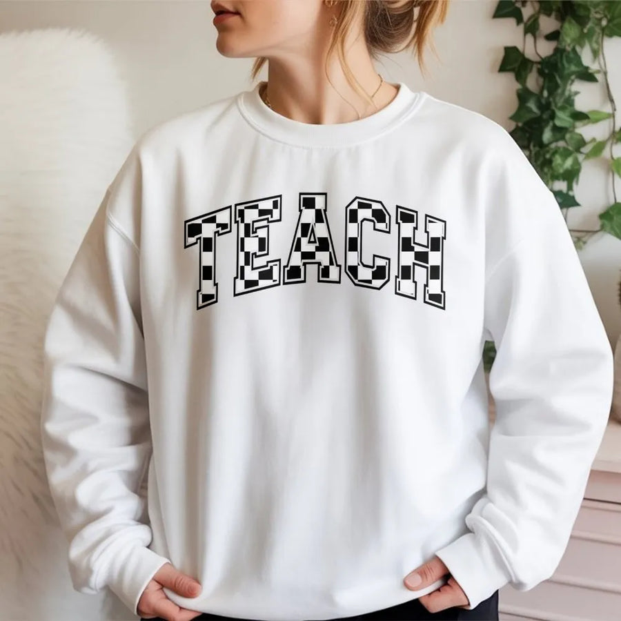 Teach Sweatshirt | Checkered Varsity Letter Design | Premium Cotton Blend | Teacher Appreciation Gift for Educators and School Staff