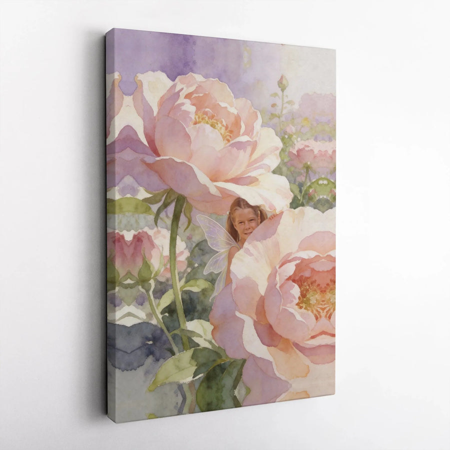 Fairy Garden Canvas Wall Art | Whimsical Watercolor Peony Painting | Premium Gallery Wrapped Canvas | Nursery Decor Gift for Girls