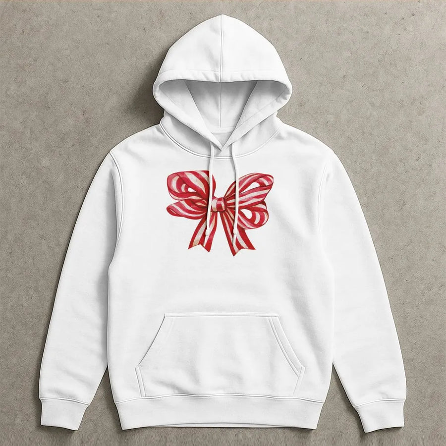 Christmas Bow Hoodie | Red Striped Ribbon Graphic | Premium Cotton Blend | Cozy Holiday Gift for Her