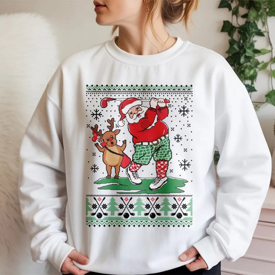 Golf Santa Christmas Sweatshirt | Funny Reindeer Golfer Ugly Sweater Design | Premium Cotton Blend | Holiday Golf Gift for Him and Her