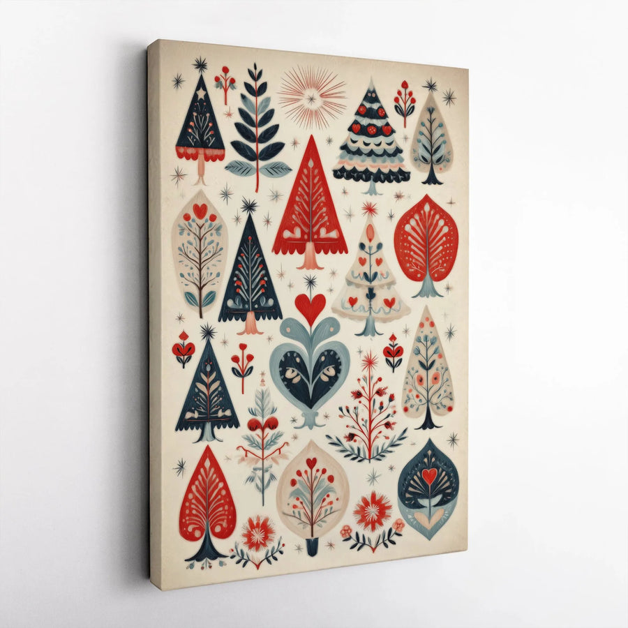 Scandinavian Folk Art Christmas Canvas Wall Art | Whimsical Heart And Tree Pattern | Gallery-Wrapped Premium Print | Festive Holiday Home Decor Gift