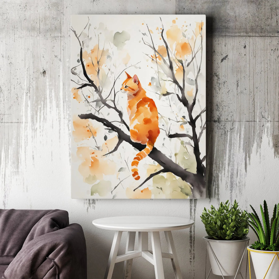 Orange Tabby Cat Wall Art | Watercolor Tree Branch Illustration | Premium Gallery Wrapped Canvas | Charming Animal Home Decor Gift