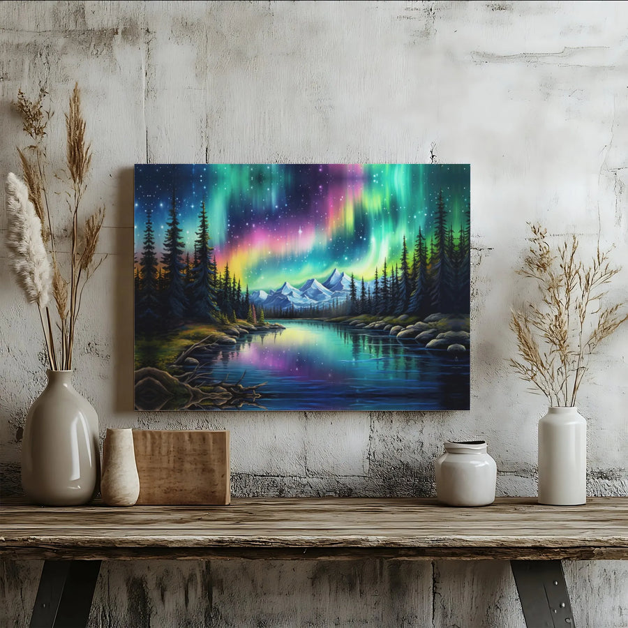 Aurora Borealis Canvas Wall Art | Northern Lights Mountain Lake Print | 1.25 Inch Premium Gallery Wrap | Nature Home Decor Gift for Nature Lovers