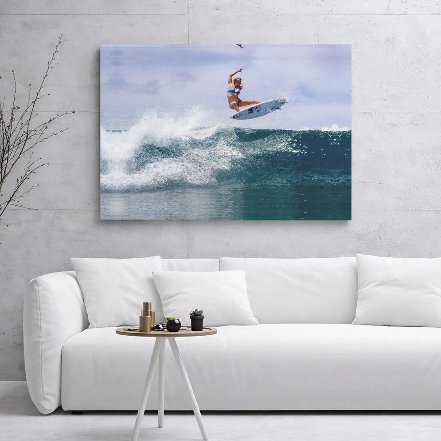 Female Surfer Canvas Wall Art | Action Extreme Sports Wave Photography | Premium 1.25-inch Gallery Wrap | Gift for Ocean and Surf Lovers