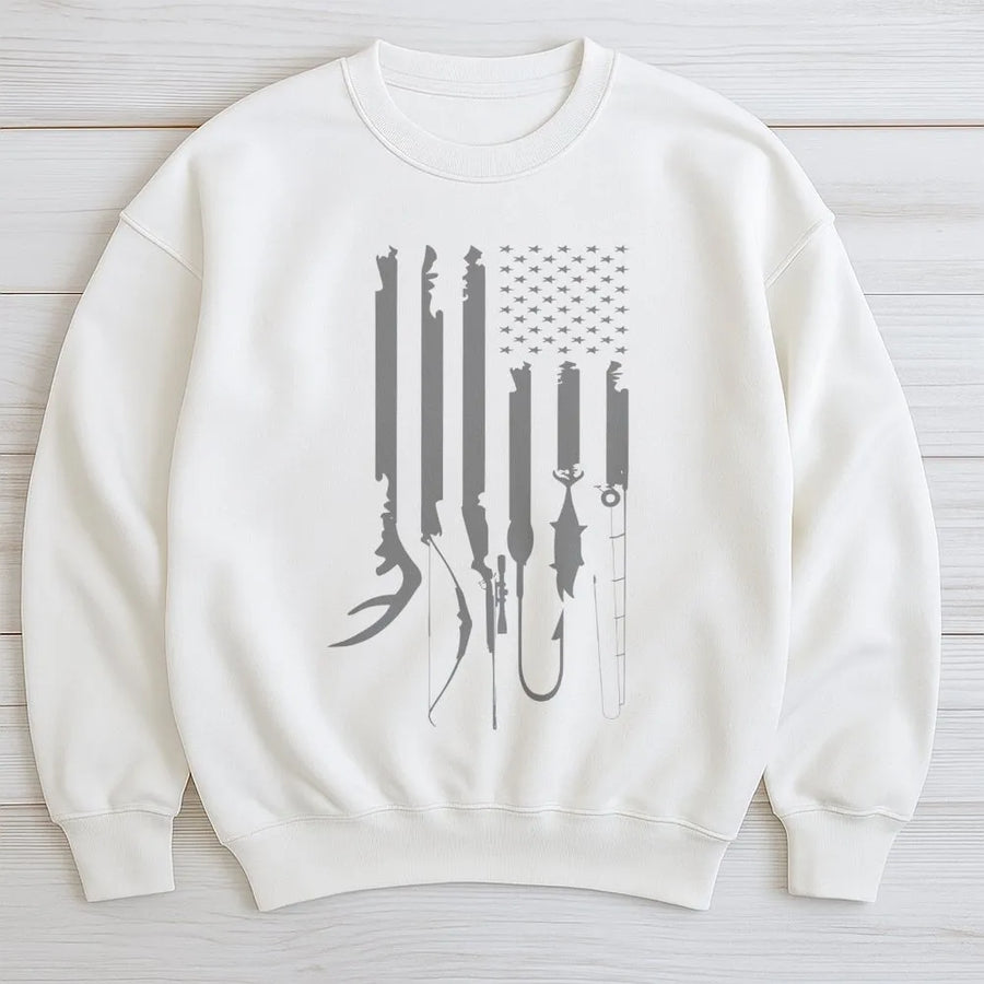 Hunting Fishing Flag Sweatshirt | American Flag Outdoors Graphic | Premium Cotton Blend | Gift for Hunters and Anglers