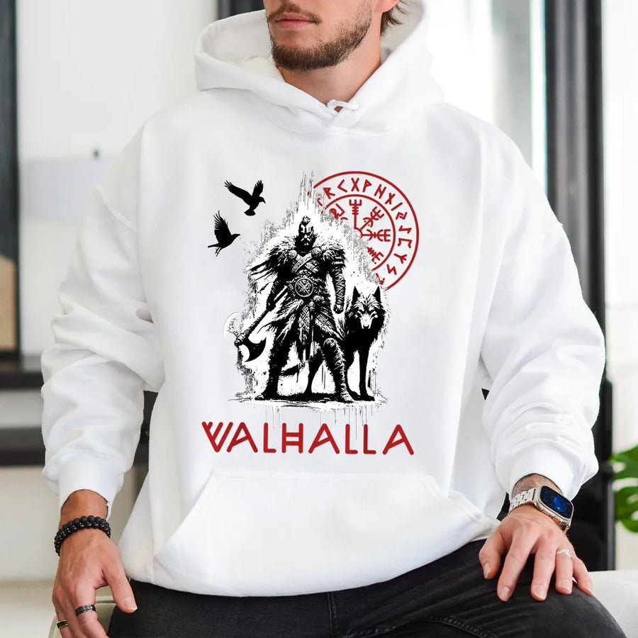 Viking Valhalla Hoodie | Norse Compass, Wolf & Raven Graphic | Premium Cotton Blend Pullover | Gift for Men, Nordic Mythology Apparel