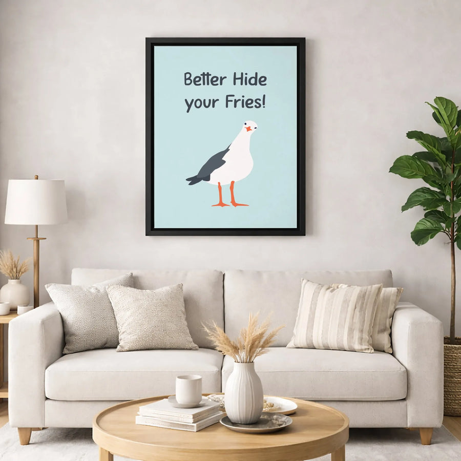 Funny Seagull Wall Art | Better Hide Your Fries Quote Print | Premium 1.25 Inch Thick Gallery Canvas | Beach House Decor Gift