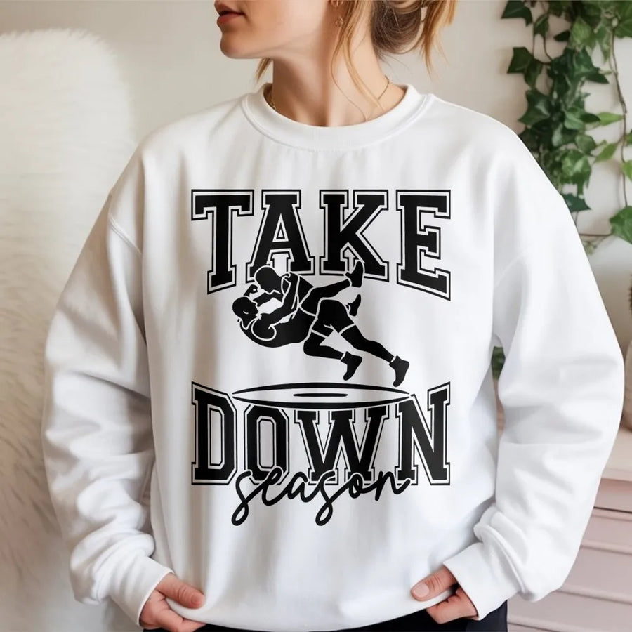 Take Down Season Wrestling Sweatshirt | Retro Collegiate Graphic Design | Premium Cotton Blend | Gift for Wrestler, Wrestling Mom and Dad