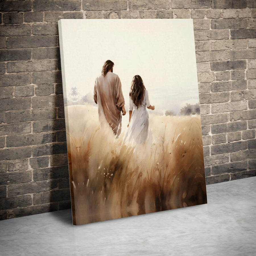 Jesus Walking With Woman Wall Art | Spiritual Meadow Portrait | Premium Gallery Canvas | Christian Home Decor Gift