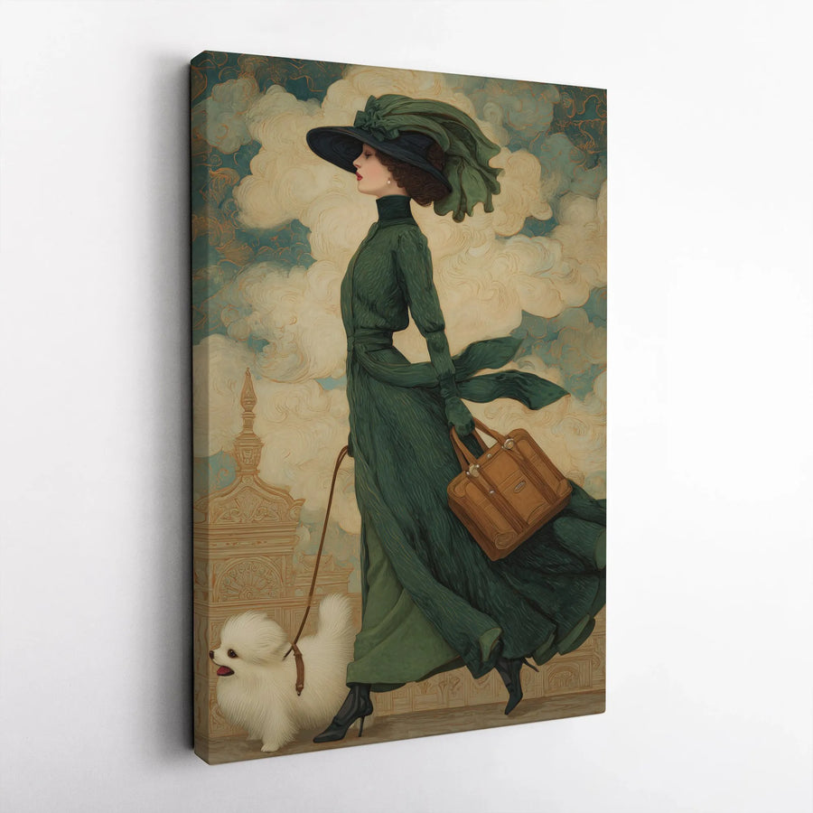 Vintage Fashion Illustration Canvas Print | Elegant Woman in Green Dress Art | Premium Gallery Wrapped Canvas | Belle Epoque Style Home Decor Gift