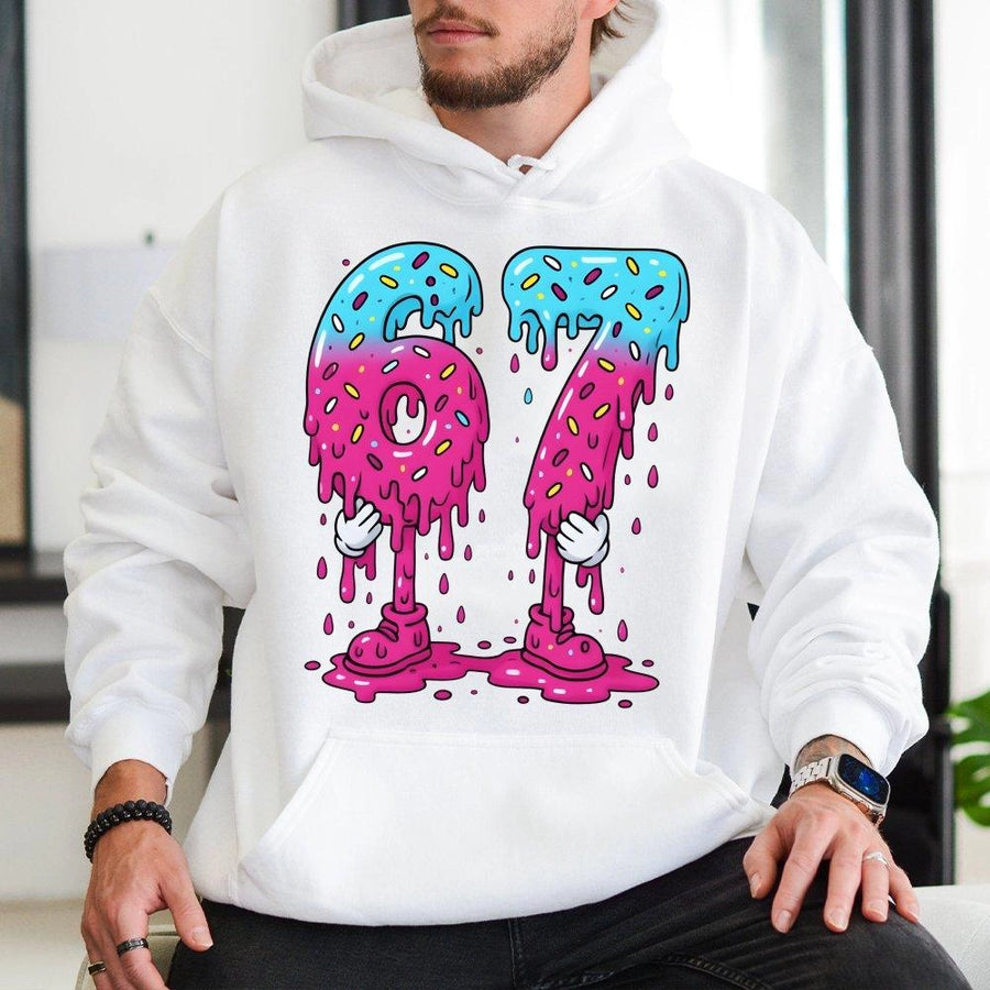 Number 67 Hoodie | Melting Donut Graphic Design | Premium Cotton Blend | Funny Birthday Gift For 67th Birthday Celebration