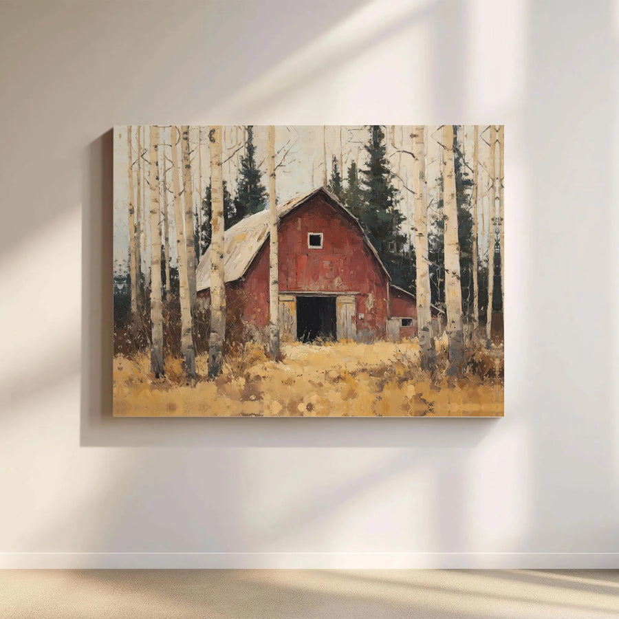 Rustic Red Barn Canvas Art | Birch Tree Forest Landscape Painting | Premium Gallery Wrapped Wall Decor | Farmhouse Living Room Gift