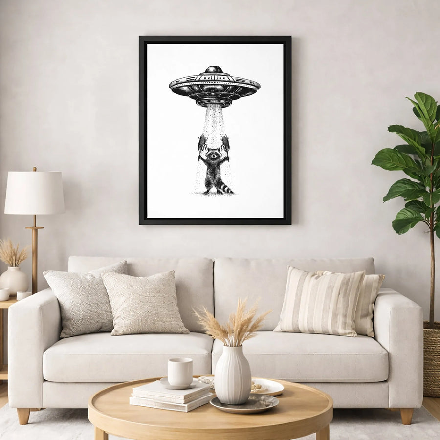 Raccoon UFO Canvas Wall Art | Funny Alien Abduction Corn Print | 1.25-Inch Gallery Wrap Decor | Quirky Gift for Animal and Space Lovers