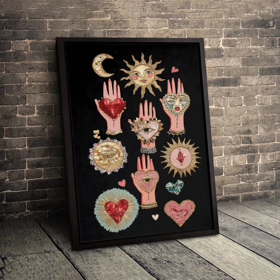 Mystical Ex-Voto Wall Art | Sacred Heart Sun and Moon Occult Decor | Premium Gallery Wrap Canvas | Gothic Witchy Boho Gift for Home
