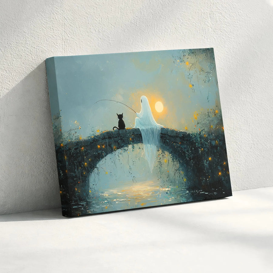 Ghost Fishing with Black Cat Canvas Wall Art | Whimsical Spooky Bridge Illustration | Premium Gallery Wrapped Print | Unique Home Decor Gift