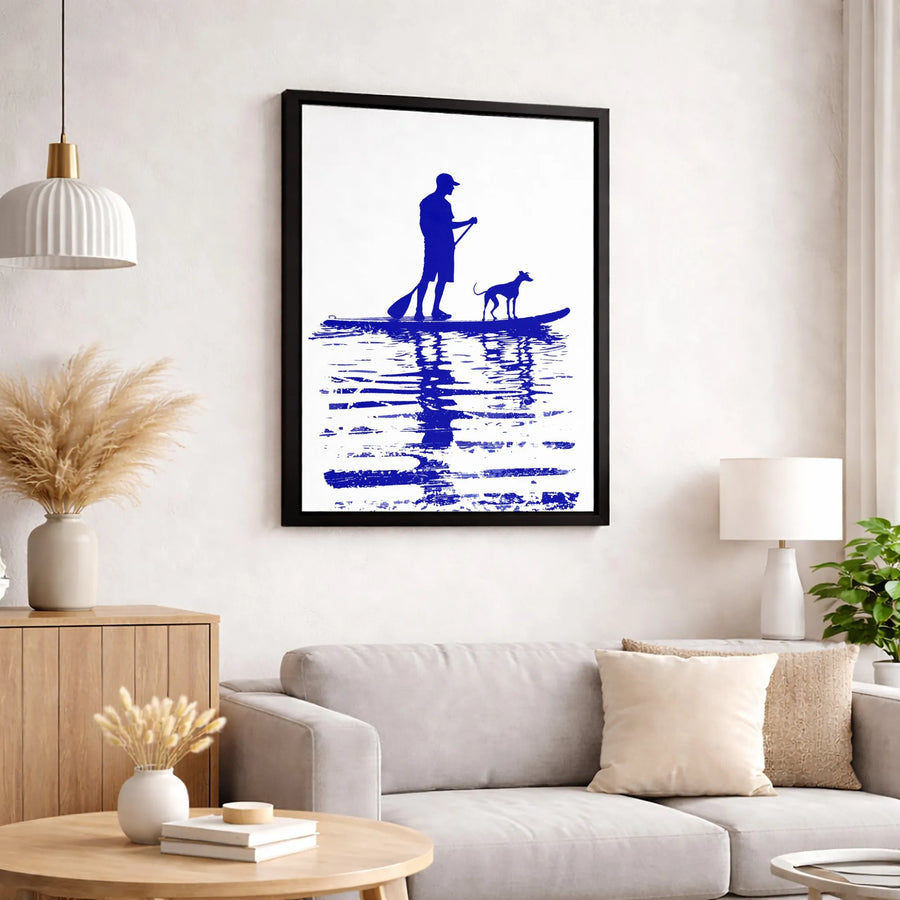 Stand Up Paddleboarding Canvas Art | Blue Silhouette SUP Man and Dog Print | 1.25 Inch Premium Gallery Wrap | Gift for Water Sports Enthusiast
