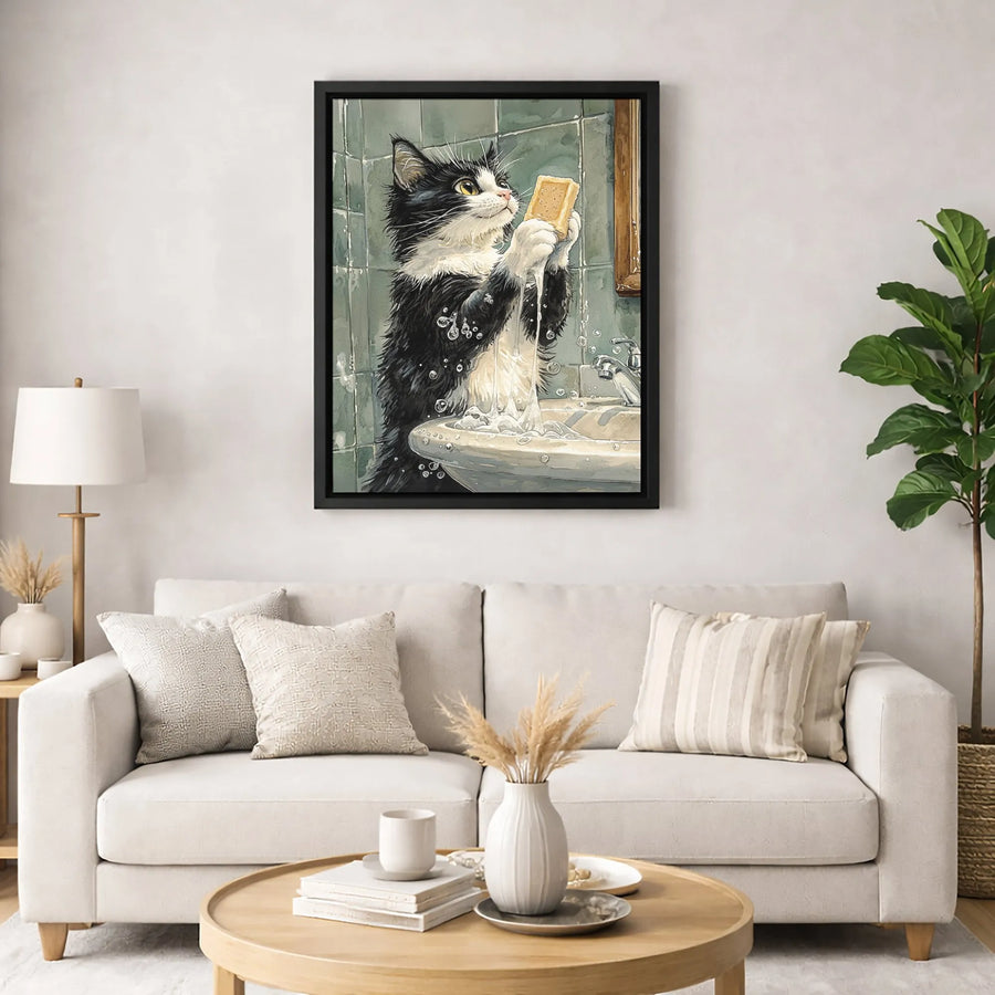 Tuxedo Cat Wall Art | Funny Bathroom Sink Canvas Print | Premium Gallery Wrapped Decor | Whimsical Animal Lover Gift for Bathroom