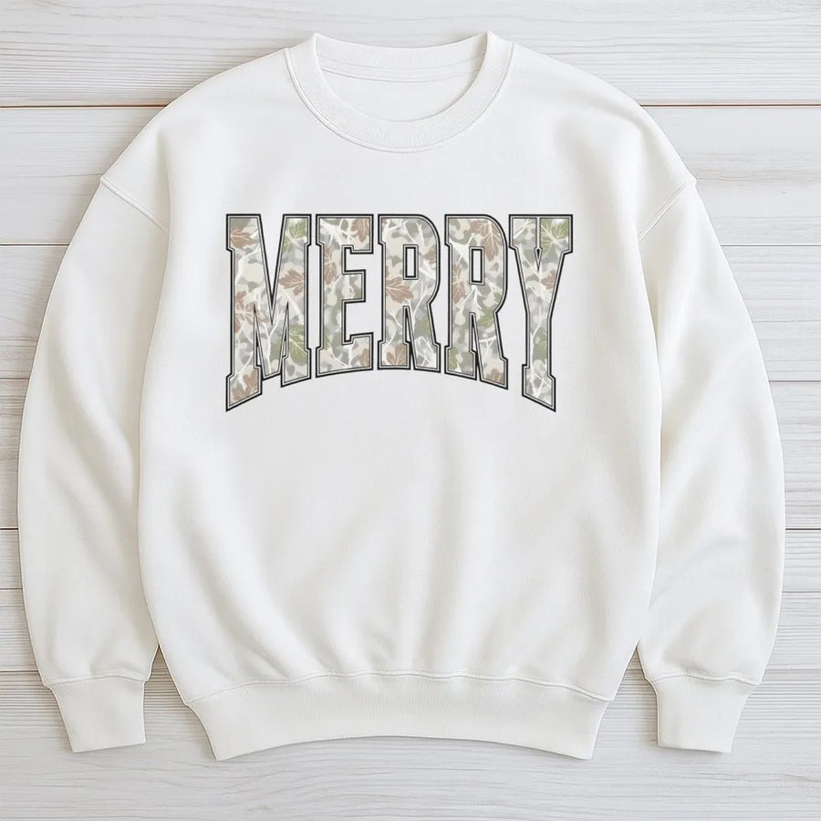 Merry Christmas Sweatshirt | Vintage Camo Lettering Graphic | Soft Cotton Blend Unisex Pullover | Holiday Party Gift For Family & Friends