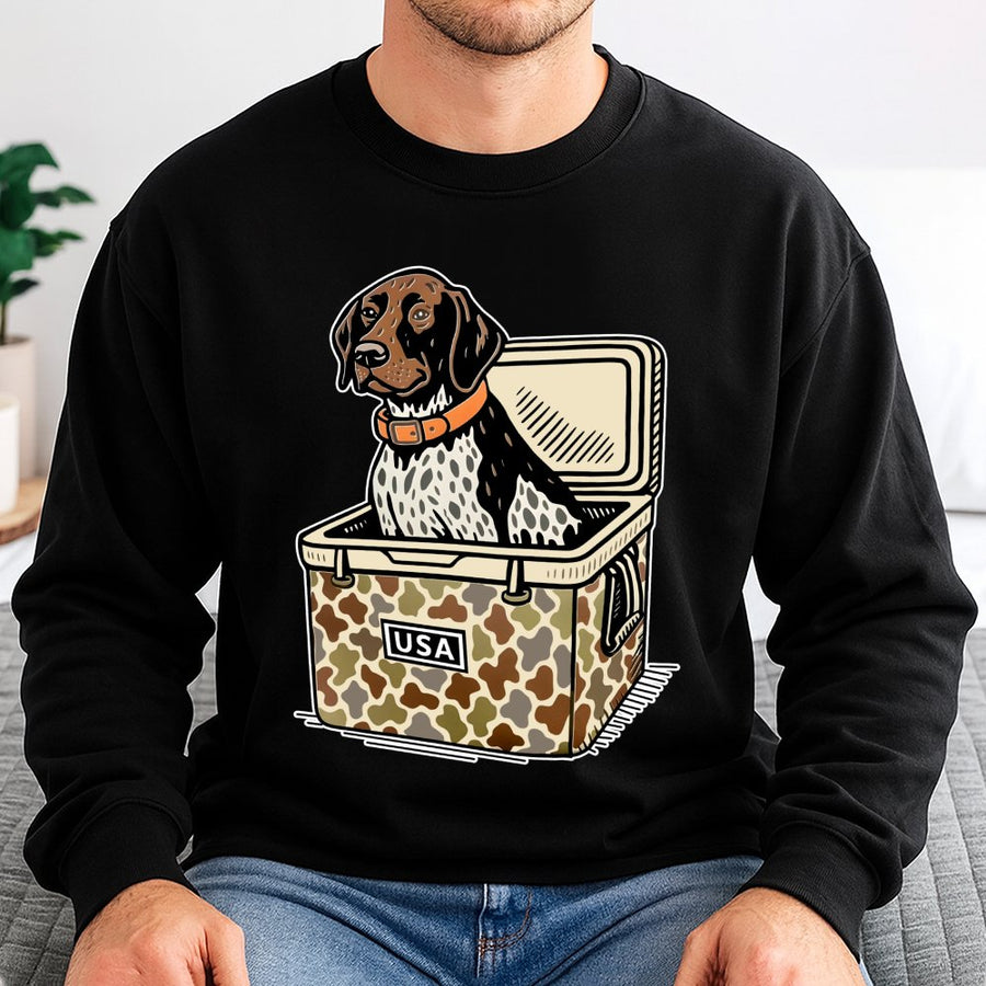 German Shorthaired Pointer Sweatshirt | Hunting Dog in Camo Cooler Graphic | Premium Cotton Blend | Gift for GSP Dog Owners and Hunters