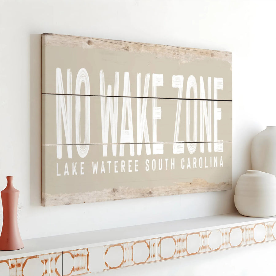 No Wake Zone Canvas Wall Art | Lake Wateree South Carolina Sign with Rustic Wood Plank Design | Premium Canvas Print | Lake House Decor Gift