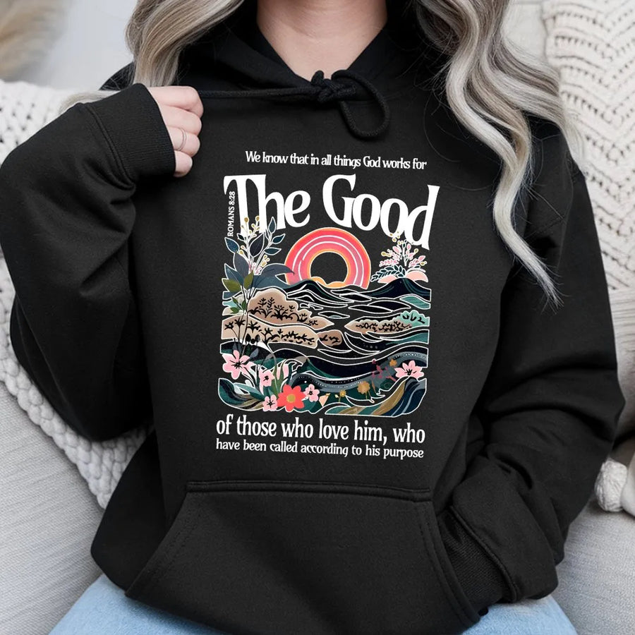 Romans 8 28 Hoodie | Inspirational Bible Verse Graphic Sweatshirt | Premium Cotton Blend | Christian Faith Apparel Gift