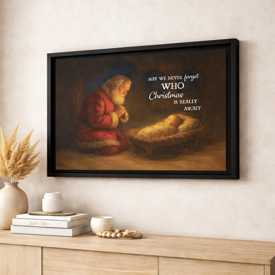 Kneeling Santa With Baby Jesus Canvas | Religious Christmas Wall Art | Premium Fade-Resistant Print | Meaningful Holiday Decor Gift