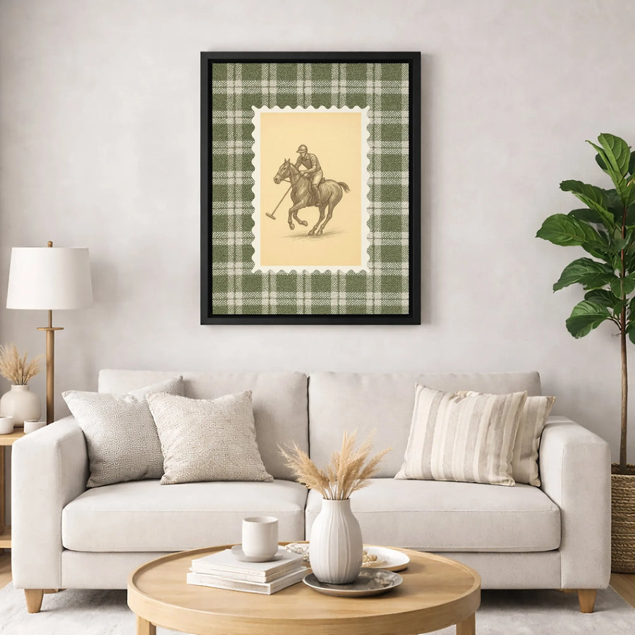Equestrian Polo Player Wall Art | Vintage Horse Sketch on Green Plaid Border | Premium Gallery-Wrapped Canvas | Sophisticated Home Office Decor Gift