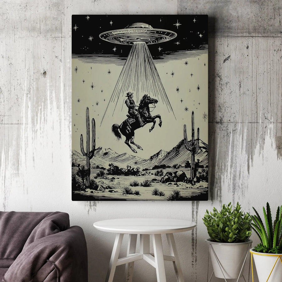 Western Cowboy UFO Canvas Wall Art | Surreal Desert Alien Abduction Print | Premium Gallery Wrap Decor | Unique Sci-Fi Home Gift
