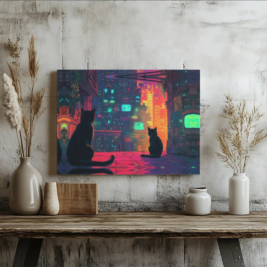 Cyberpunk Cat Canvas Wall Art | Two Cats Overlooking Neon City | Premium Gallery Print | Sci-Fi Vaporwave Room Decor Gift