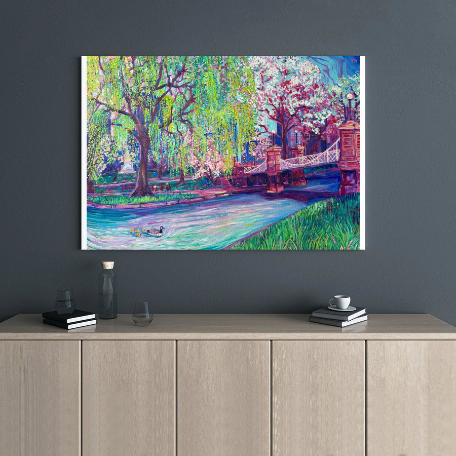 Boston Public Garden Canvas Wall Art | Impressionist Spring Bridge Painting | Premium Gallery Wrap Print | New England Home Decor Gift