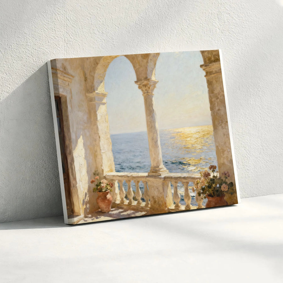Mediterranean Balcony Canvas Wall Art | Impressionist Sunlit Ocean Scene | Premium Gallery-Quality Canvas | Coastal Home Decor Gift