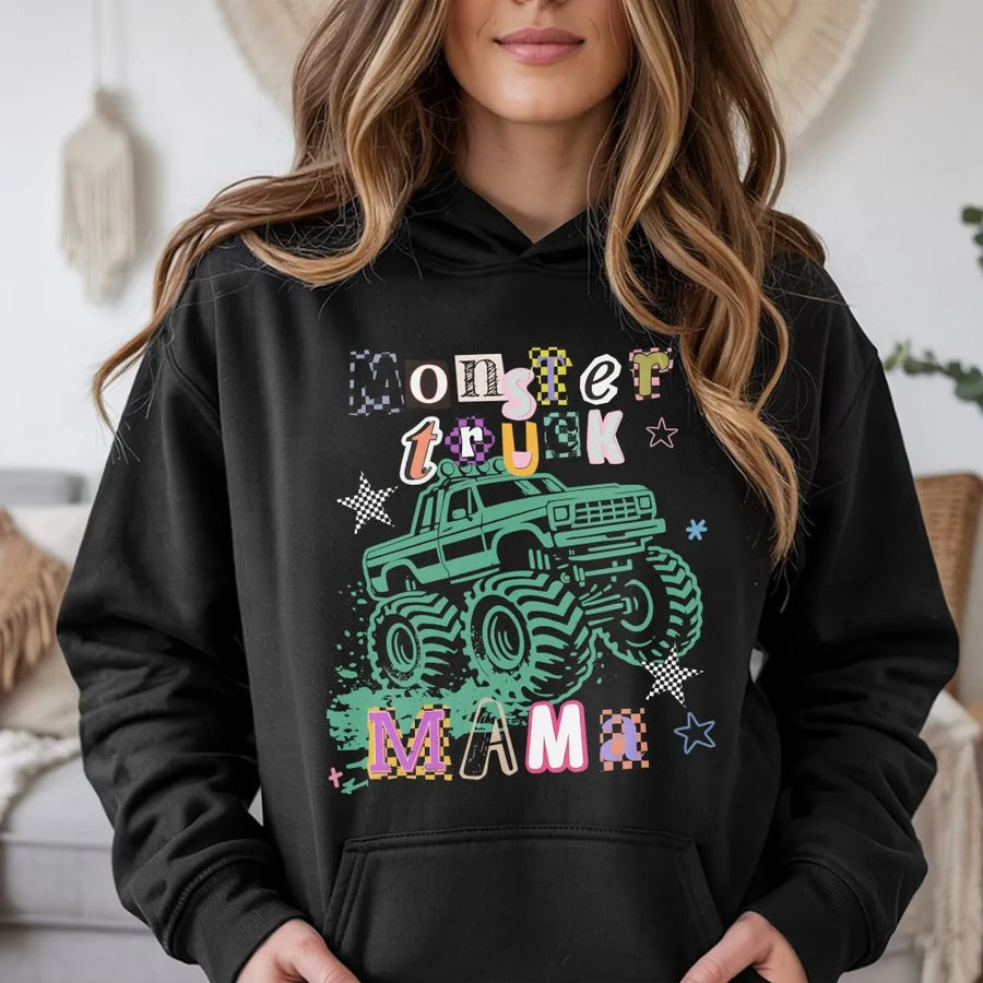 Monster Truck Mama Hoodie | Retro Checkered Graphic Pullover | Soft Cotton Blend | Trendy Gift for Mom