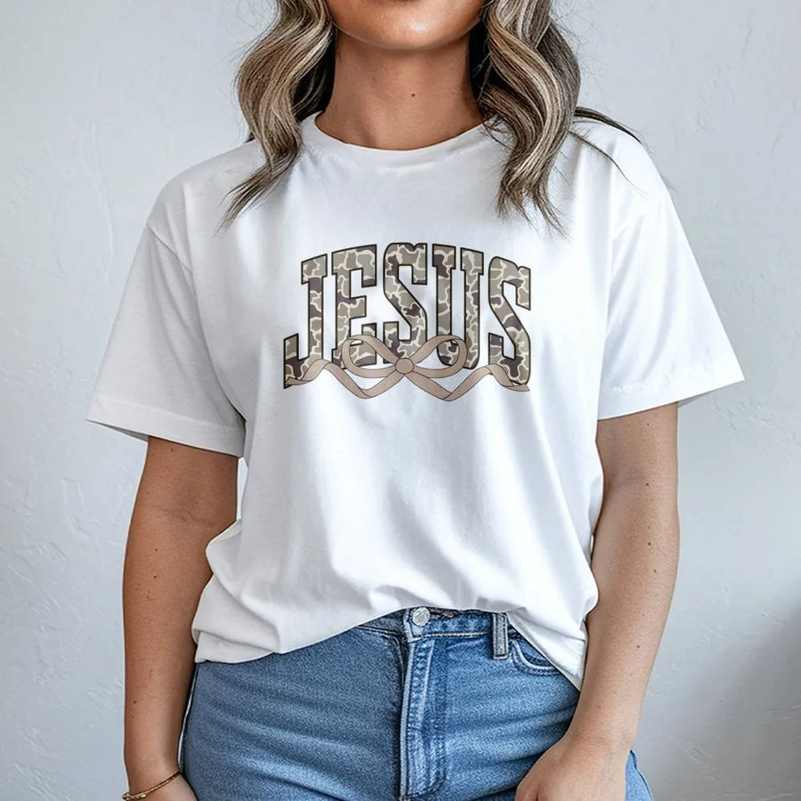 Jesus Camo Coquette Bow T-Shirt | Trendy Faith Based Graphic Tee | Premium Cotton Religious Apparel | Christian Gift for Women and Girls
