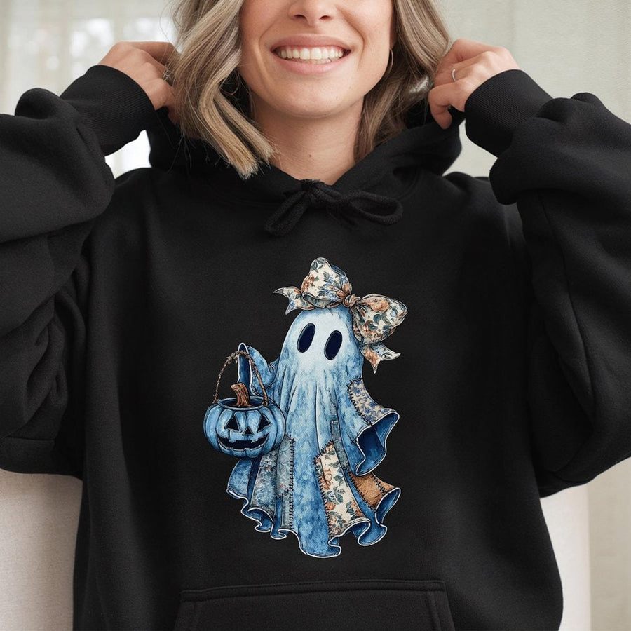 Cute Ghost Hoodie | Denim Patchwork Fall Graphic | Premium Cotton Blend | Spooky Halloween Gift for Women and Teens